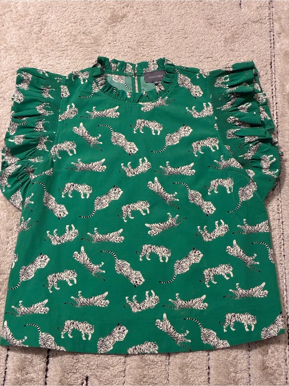 Green Tiger Print Ruffle Sleeve Blouse